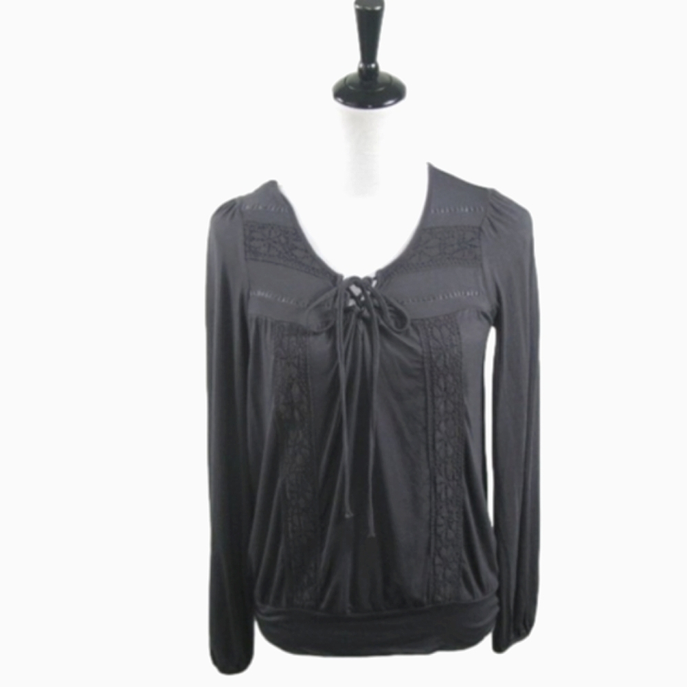Cable & Gauge Muted Black Tie Front Long Sleeve Knit Top Size Small